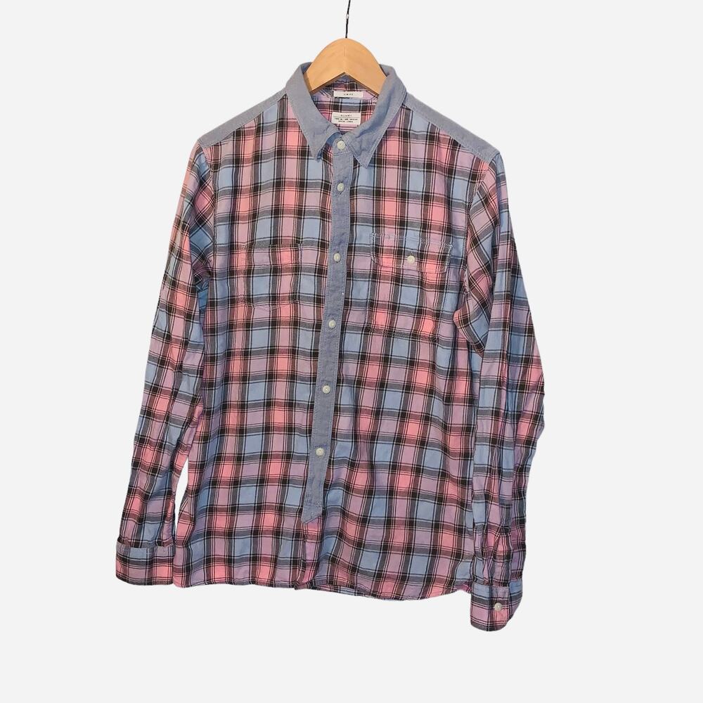 All Saints Long Sleeve Shirt Pink Blue SLIM FIT sz medium